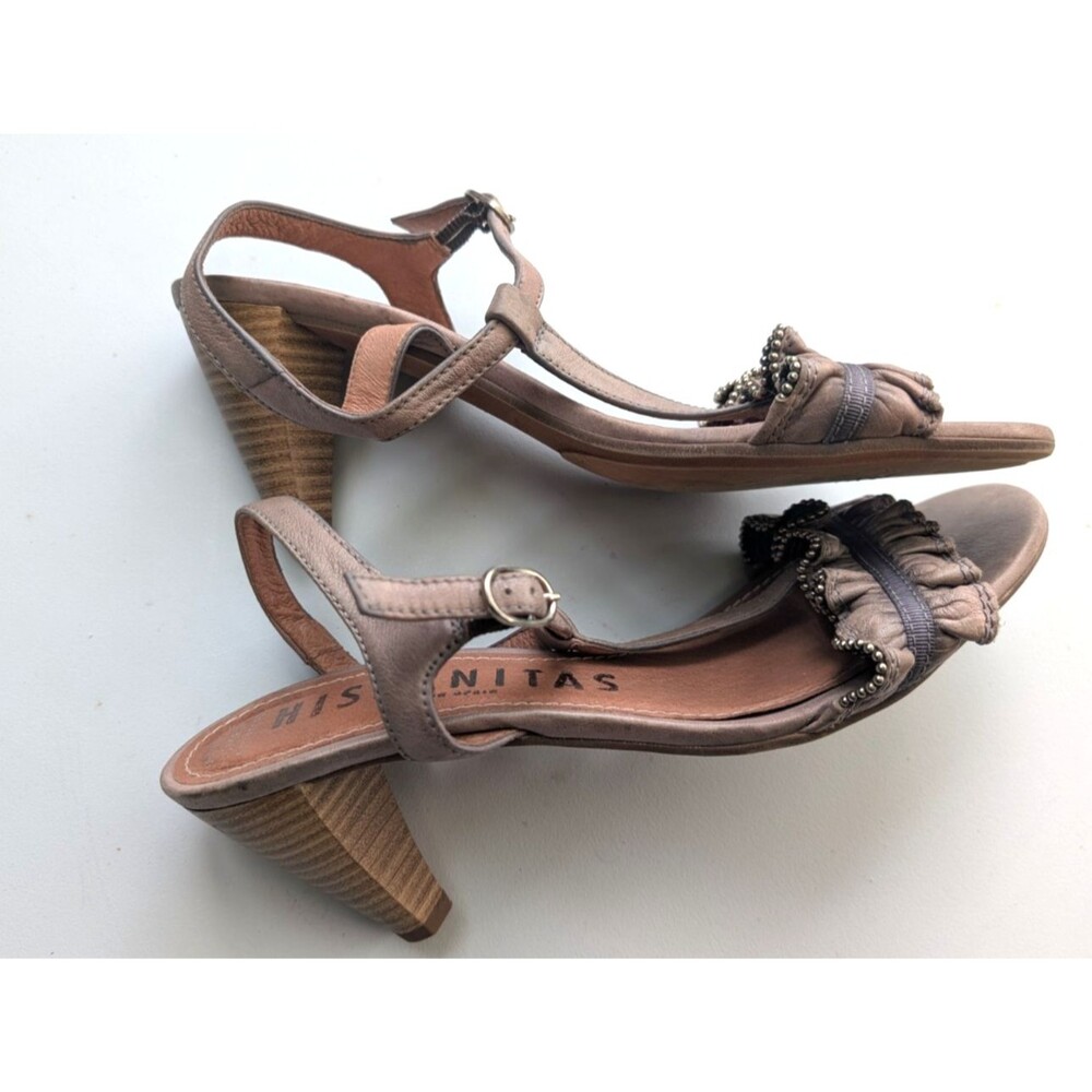 Hispanitas Women’s Size 39 Taupe Leather Ruffle Beaded Block Heel Sandals Spain